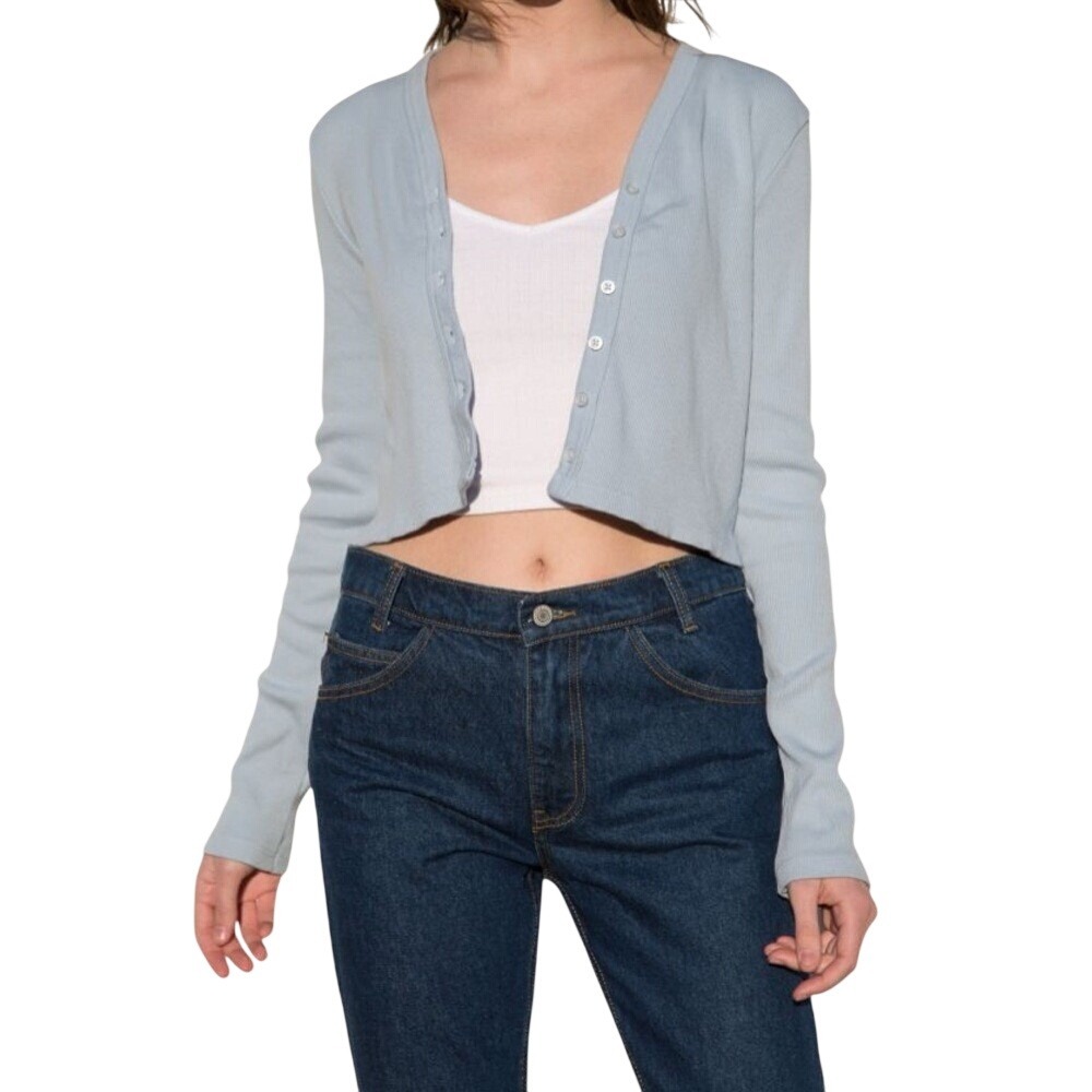Brandy Melville Paige Light Blue Ribbed Button Down V-Neck Cropped Cardigan
